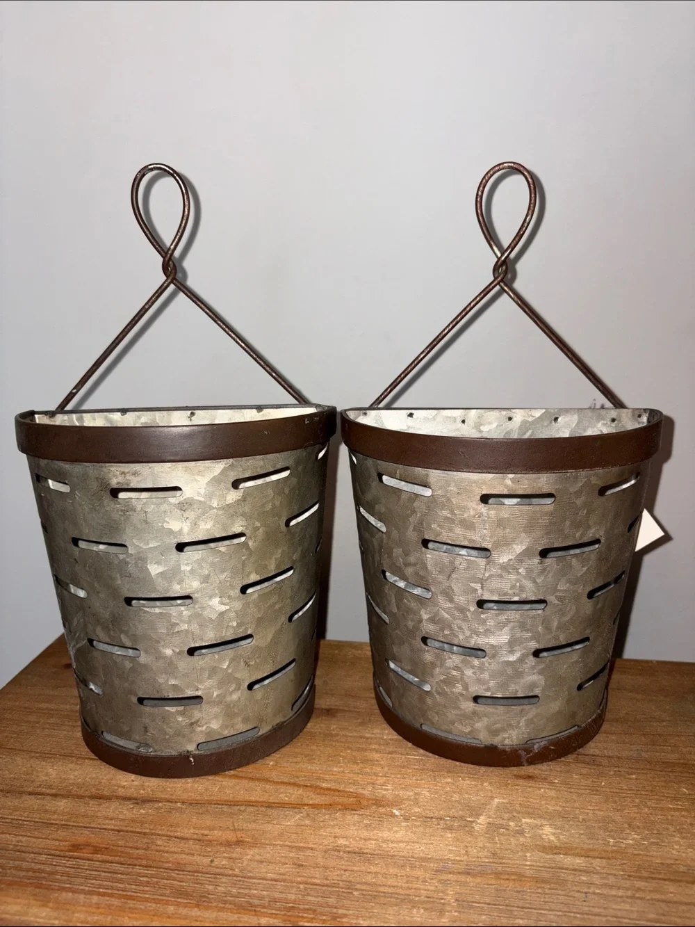 New Hanging Metal Wall Planter Set in Brown and Galvanized Finish - 2-Pack